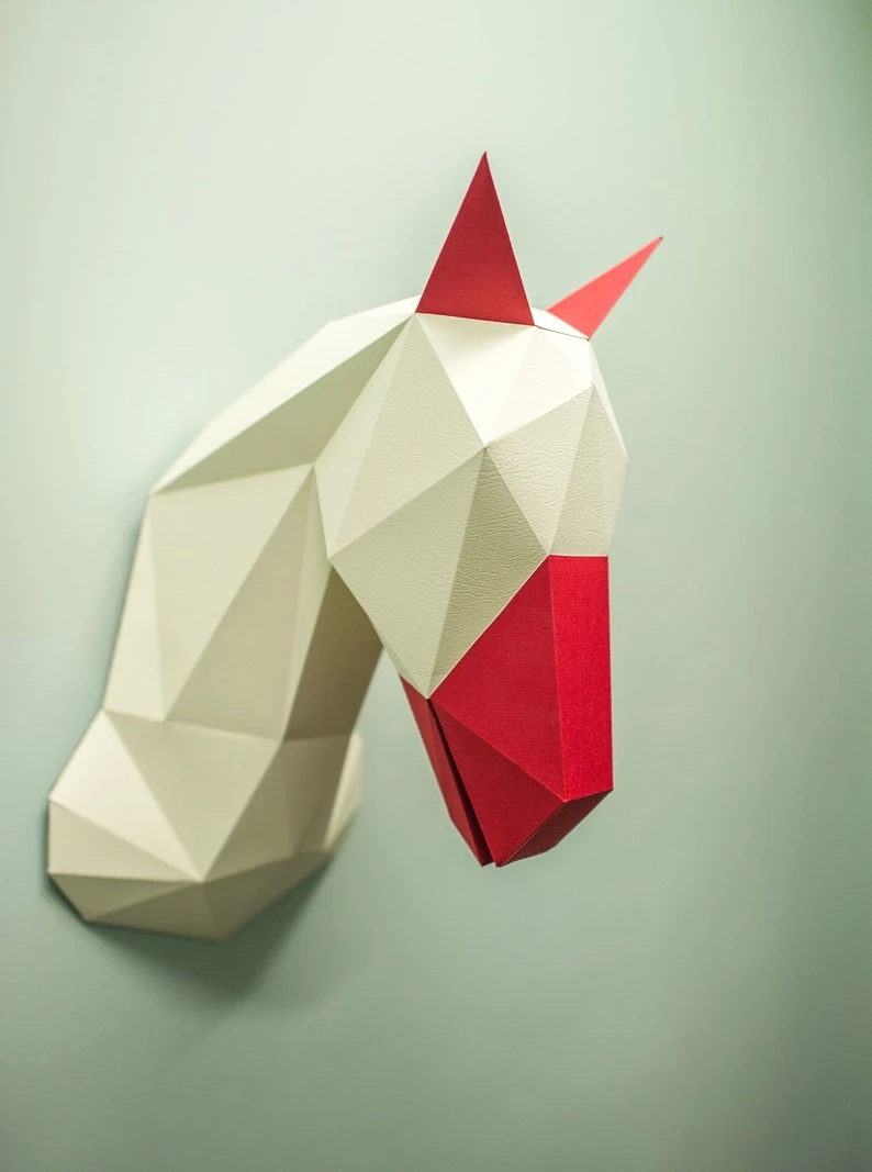 Papercraft 3D UNICORN HORSE HEAD Low Poly Paper Sculpture DiY gift Decor home nursery office pepakura pattern template handmade kids animals