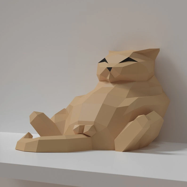 Papercraft 3D FAT CAT with balls sculpture pepakura gift cat lover low poly kitty DIY wall decor for loft home and office pattern template