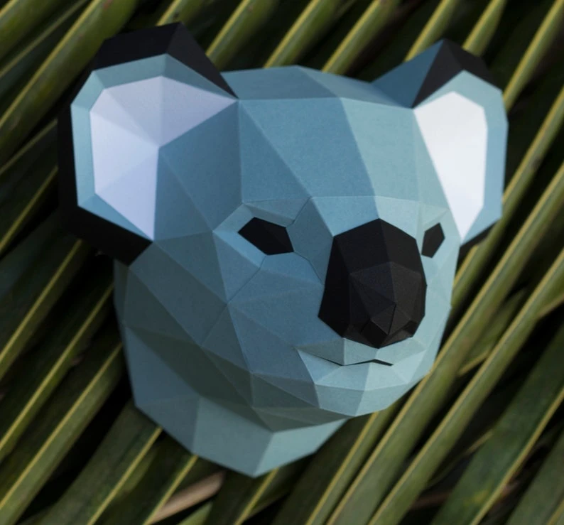 Papercraft 3D KOALA HEAD pepakura Low Poly Paper Sculpture DIY gift Decor for home and office pattern template animal trophy polygonal