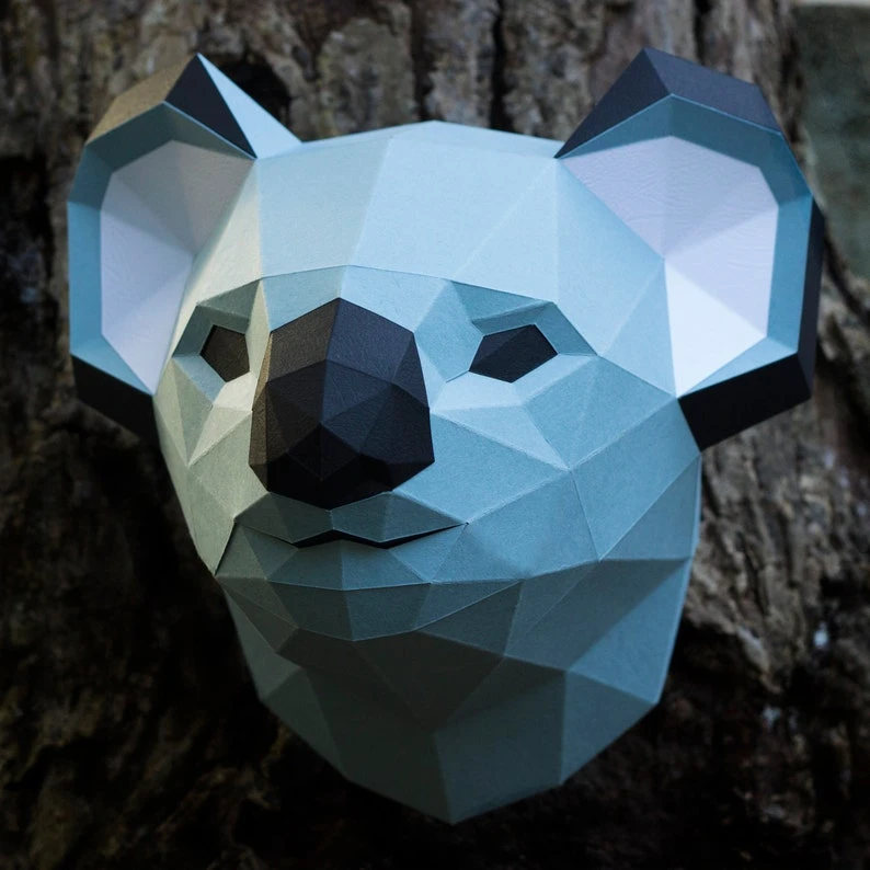 Papercraft 3D KOALA HEAD pepakura Low Poly Paper Sculpture DIY gift Decor for home and office pattern template animal trophy polygonal