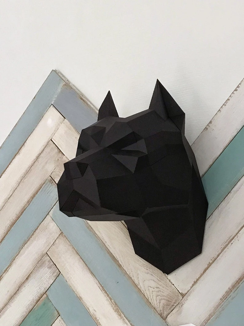 Papercraft 3d PITBULL DOG HEAD Low Poly Paper Sculpture DiY gift Decor Pug home office pepakura pattern template handmade animals art figure