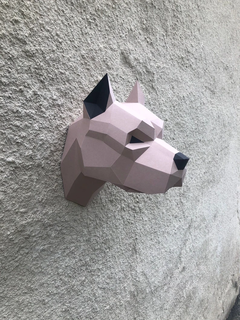 Papercraft 3d PITBULL DOG HEAD Low Poly Paper Sculpture DiY gift Decor Pug home office pepakura pattern template handmade animals art figure