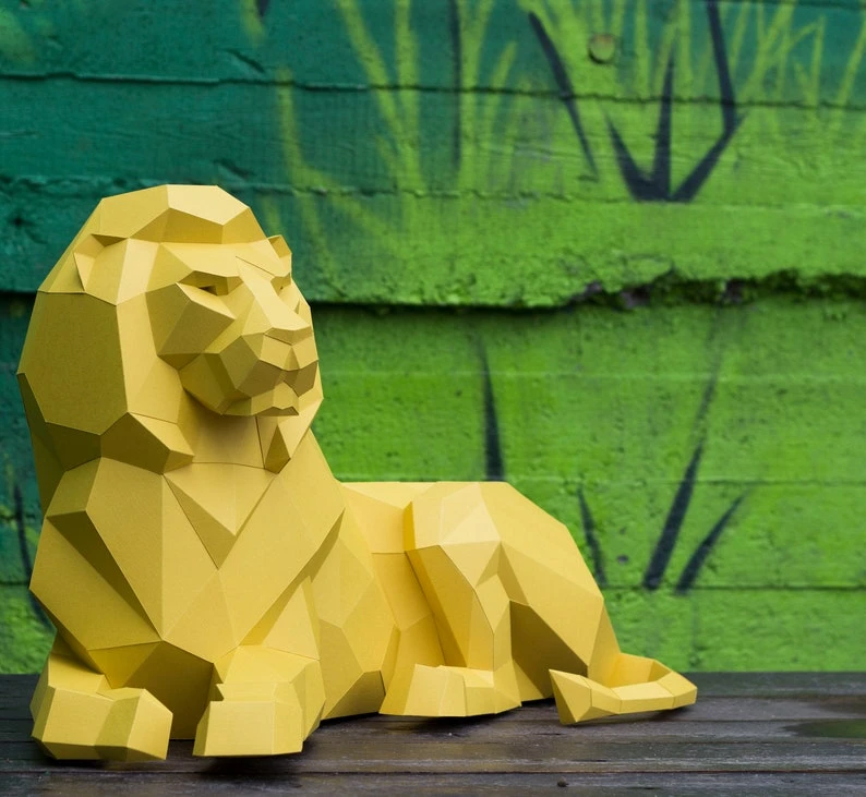 Papercraft 3D BIG LYING LION Low Poly Paper Sculpture DIy gift Decor for home loft and office pepakura pattern template animal polygonal art