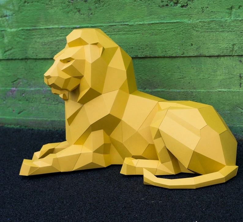 Papercraft 3D BIG LYING LION Low Poly Paper Sculpture DIy gift Decor for home loft and office pepakura pattern template animal polygonal art