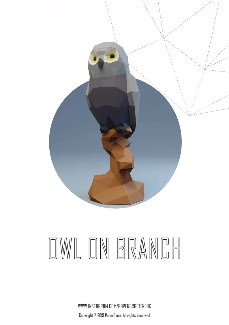 Papercraft 3D OWL on BRANCH bird pepakura PDF template Low Poly Paper Sculpture Diy gift wedding Decor for home and office pattern polygonal