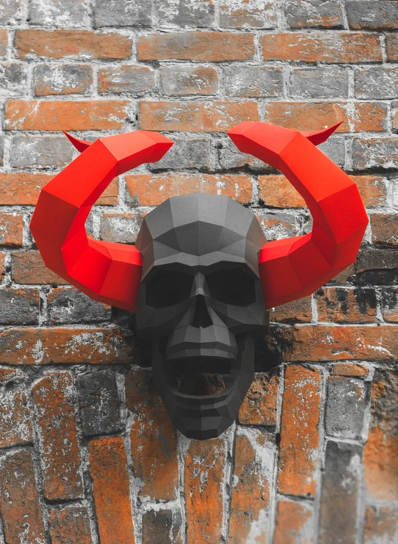 Papercraft 3D DEMON HORNED SCULL Horror Gothic Hell art Low Poly Paper Sculpture DIy Decor home loft pepakura pattern template polygonal