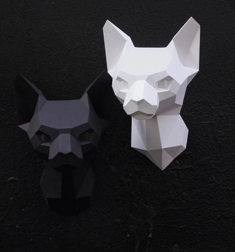 Papercraft 3D SPHYNX CAT HEAD sculpture pepakura gift for cat lover low poly sitting kitty DiY wall decor loft home office pattern template