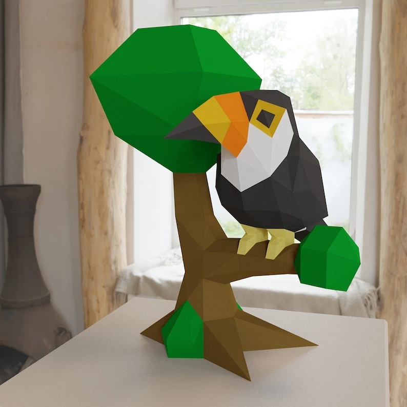 3D Low Poly Toucan in Tree DIY | Printable Papercraft | Unique Geometric Decoration | Original Gift | Relaxing Craft | PDF model