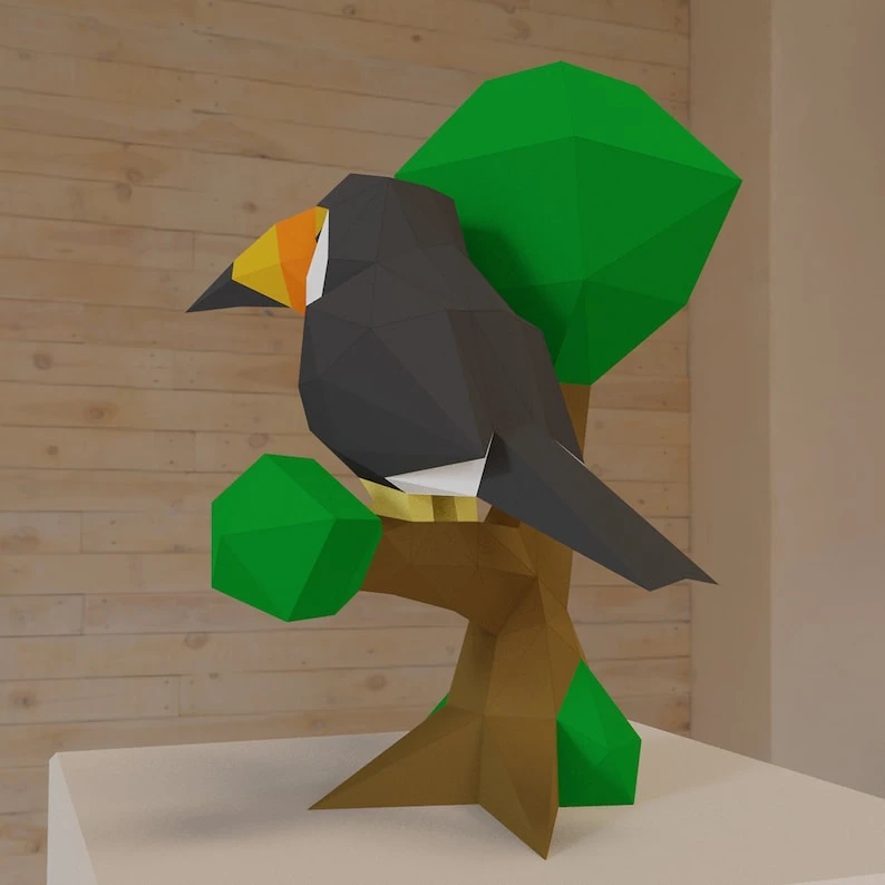 3D Low Poly Toucan in Tree DIY | Printable Papercraft | Unique Geometric Decoration | Original Gift | Relaxing Craft | PDF model