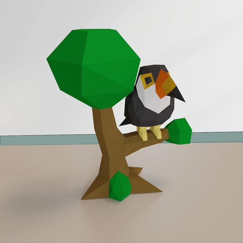 3D Low Poly Toucan in Tree DIY | Printable Papercraft | Unique Geometric Decoration | Original Gift | Relaxing Craft | PDF model