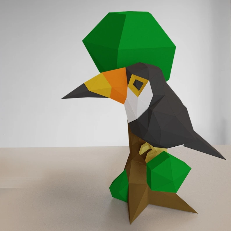 3D Low Poly Toucan in Tree DIY | Printable Papercraft | Unique Geometric Decoration | Original Gift | Relaxing Craft | PDF model