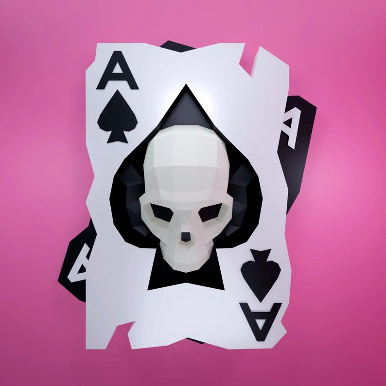 Papercraft playing card of hearts, naipe de corazones, craneo, skull, DIY PDF, FDX, Low Poly, origami, Pepakura, Paper Model, 3D