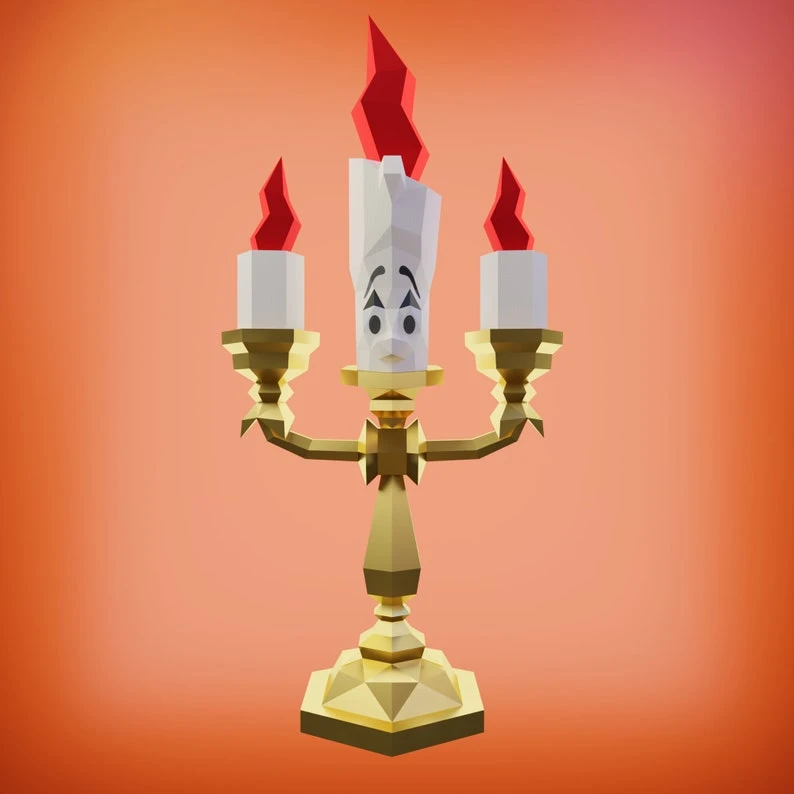 Papercraft Lumiere, beauty and the beast, candles, DIY PDF, low Poly, origami, Pepakura, Paper Model, 3D