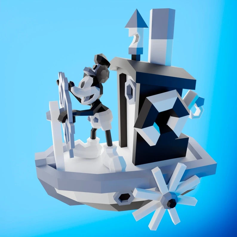 Papercraft Mickey Steamboat, DIY PDF, Low Poly, origami, Pepakura, Paper Model, 3D