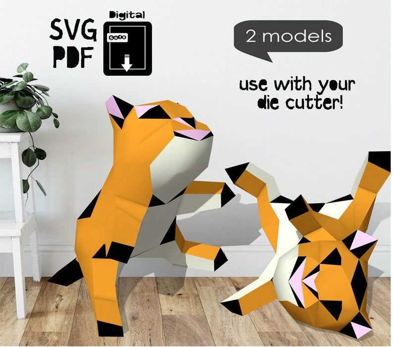 Baby Tiger, Tiger siblings wrestling 3D papercraft. You get a PDF digital file templates and instruction for this DIY paper decoration.