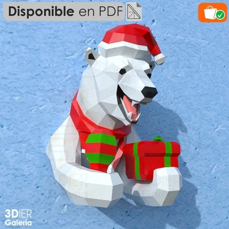 Polar Bear Birthday and Christmas PDF Papercraft Templates, Paper Art and Craft for Home Decor, DIY, 3DIER, PDF Patterns, Papercraft Templates, Low Poly