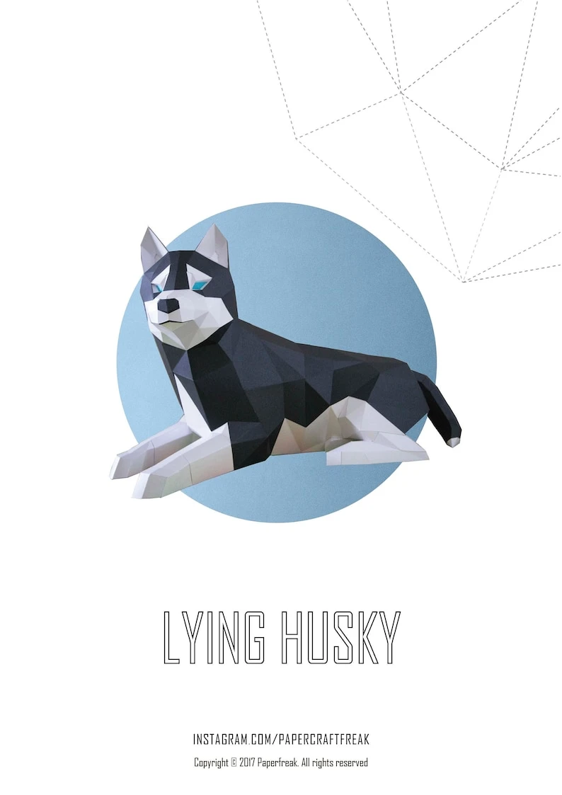 Papercraft dog HUSKY LYING puppy 3D Low Poly Paper Sculpture DIY gift Decor for home and office pepakura pattern template animals paperfreak