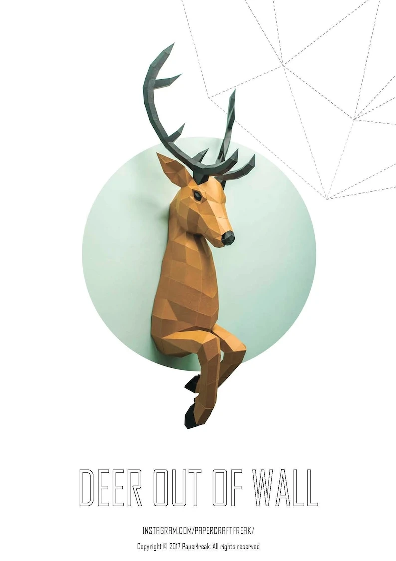 Papercraft 3D DEER Out Of Wall pepakura PDF template Low Poly Paper Sculpture DIY pattern gift Decor Christmas polygonal animal art ideas