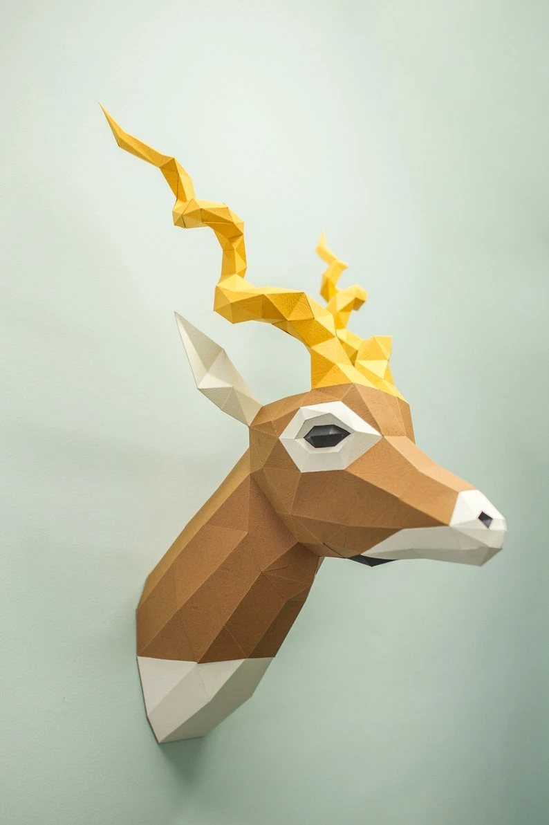 Papercraft 3D ANTELOPE BLACKBUCK Head pepakura template polygonal Paper pattern Sculpture Diy wall Decor ideas rare wild animal lover gift