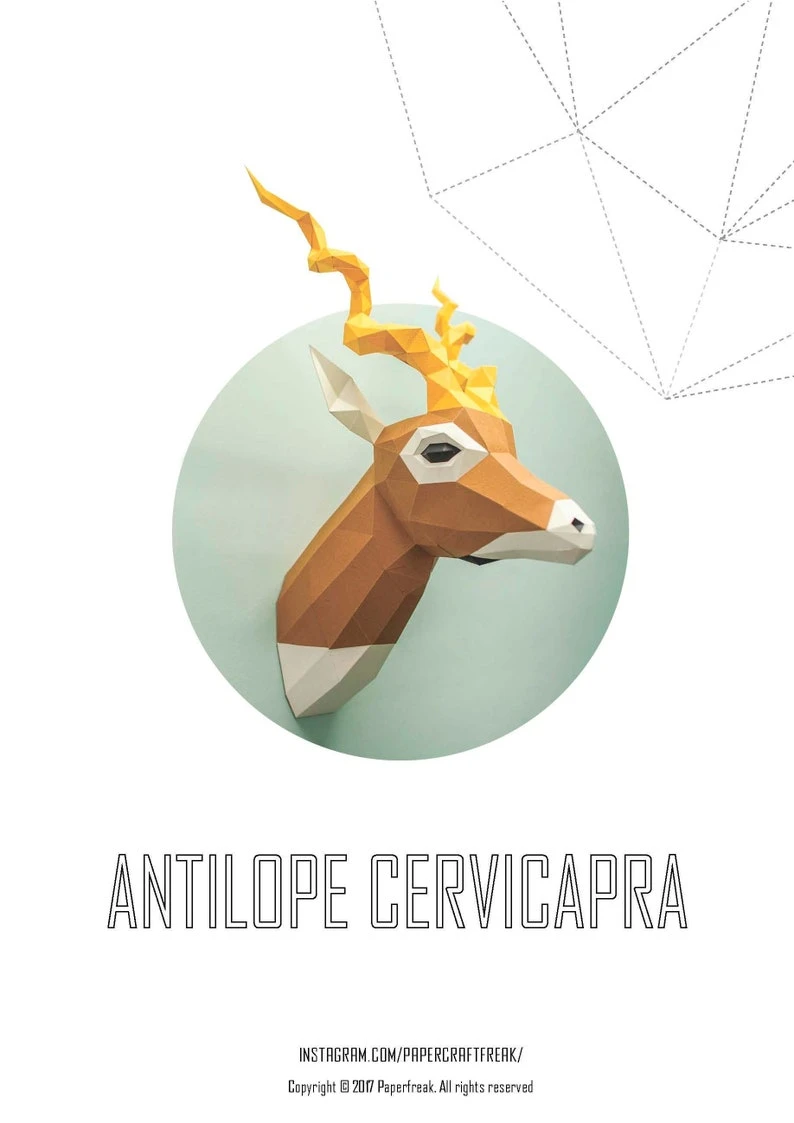 Papercraft 3D ANTELOPE BLACKBUCK Head pepakura template polygonal Paper pattern Sculpture Diy wall Decor ideas rare wild animal lover gift