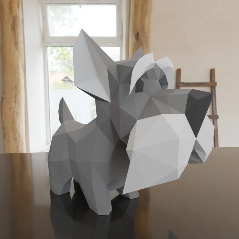 3D Low Poly Schnauzer Dog DIY | Printable Papercraft | Unique Geometric Decoration | Original Gift | Relaxing Craft | PDF model