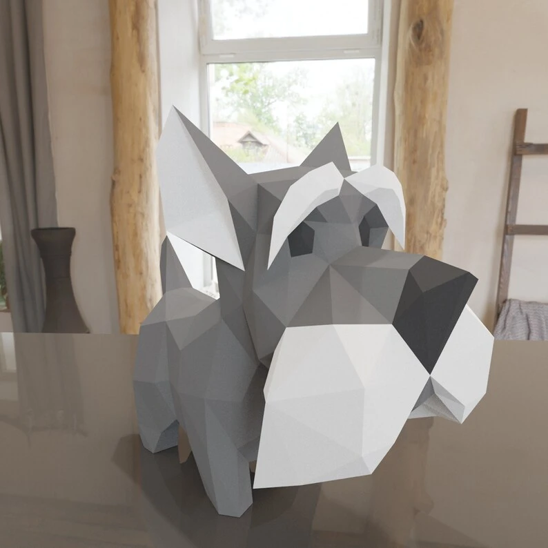 3D Low Poly Schnauzer Dog DIY | Printable Papercraft | Unique Geometric Decoration | Original Gift | Relaxing Craft | PDF model