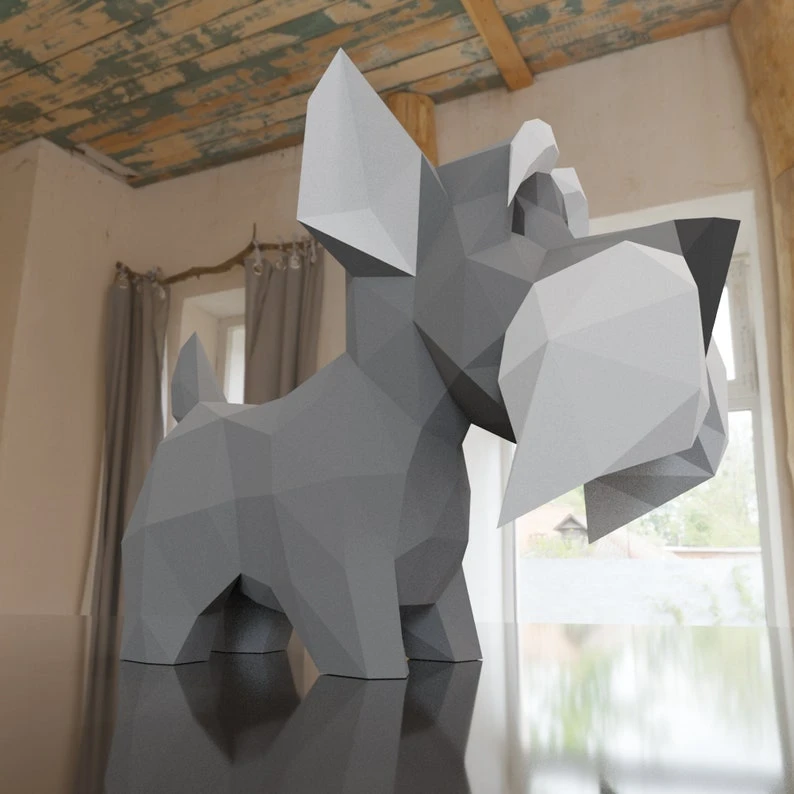 3D Low Poly Schnauzer Dog DIY | Printable Papercraft | Unique Geometric Decoration | Original Gift | Relaxing Craft | PDF model