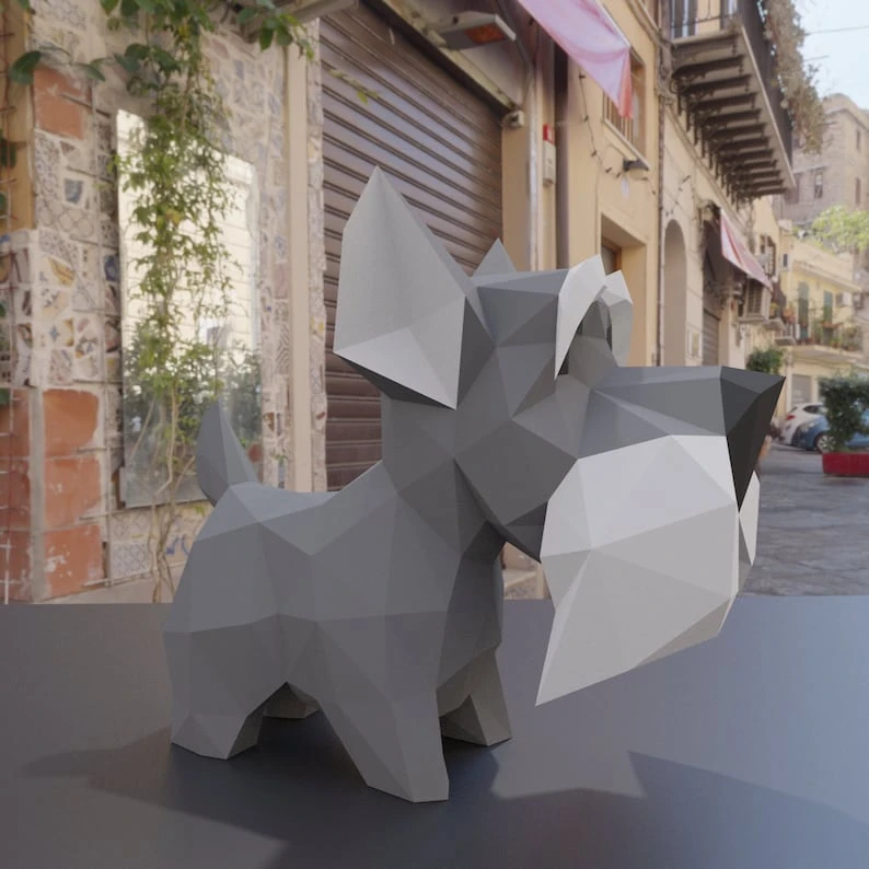 3D Low Poly Schnauzer Dog DIY | Printable Papercraft | Unique Geometric Decoration | Original Gift | Relaxing Craft | PDF model