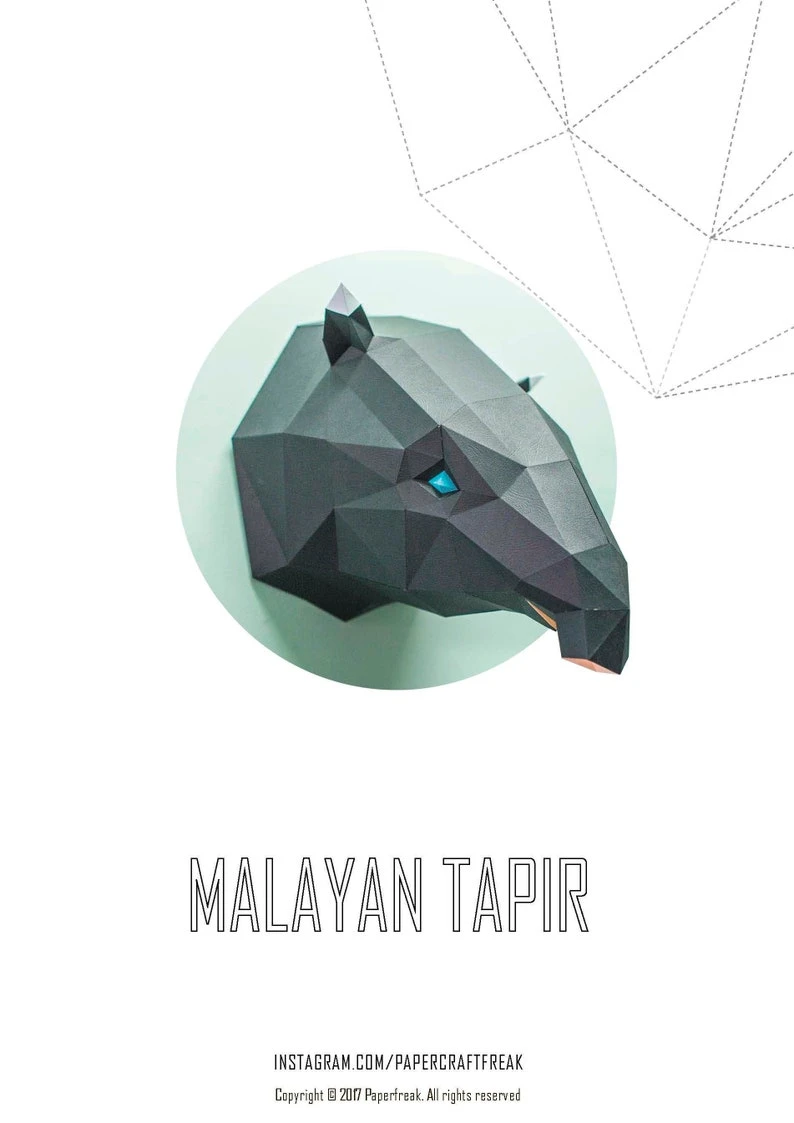 Papercraft 3D MALAYAN TAPIR Head pepakura Pdf template polygonal Paper pattern Sculpture Diy wall Decor ideas rare wild animal lover gift