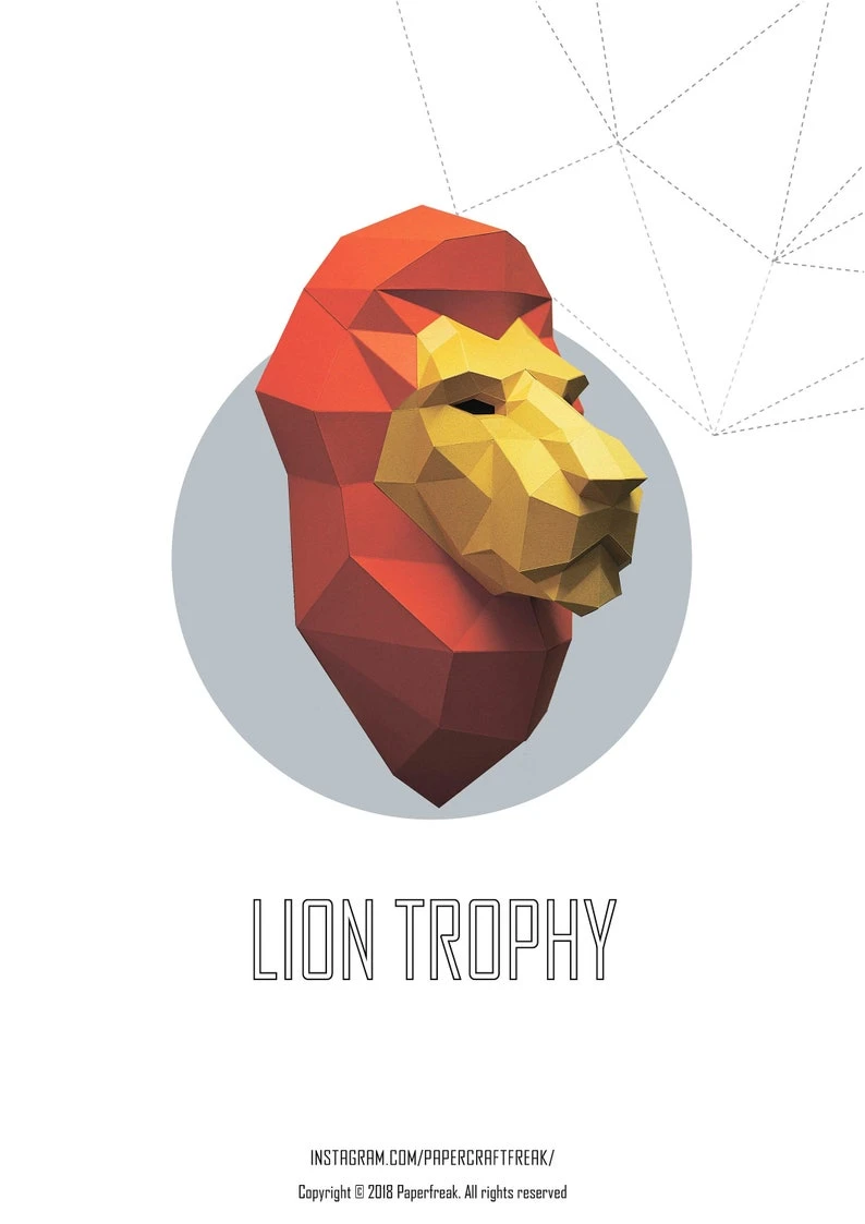 Papercraft 3D LION TROPHY HEAD 2 size from wizard of Oz pepakura Low Poly Paper Sculpture DiY Decor pattern template animal trophy polygonal