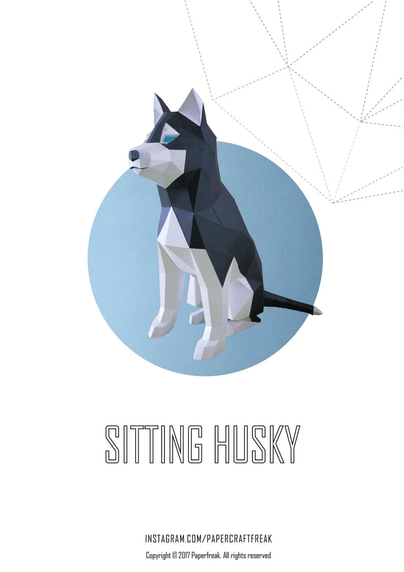 Papercraft 3D SITTING HUSKY DOG Puppy pepakura Pdf template Low polygonal Papercraftfreak Sculpture Decor home loft office animal lover gift