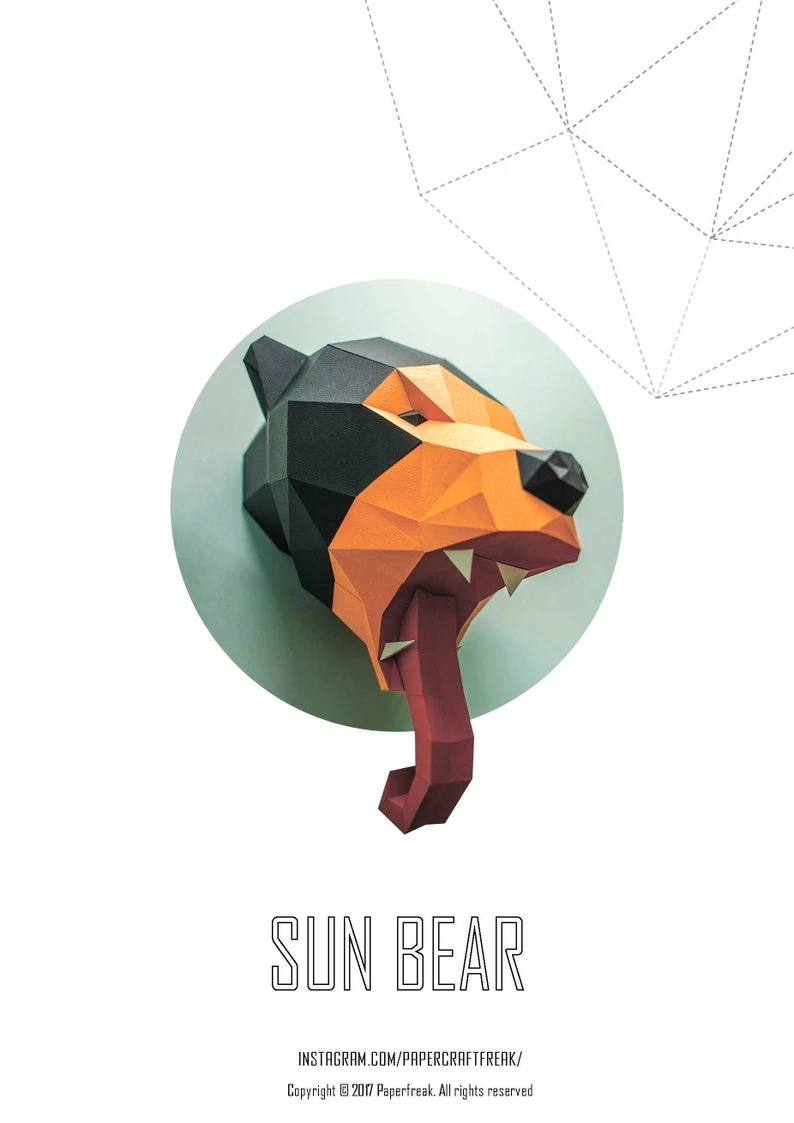 Papercraft 3D MALAYAN SUN BEAR Head pepakura Pdf template polygonal Paper pattern Sculpture Diy wall Decor ideas rare wild animal lover gift