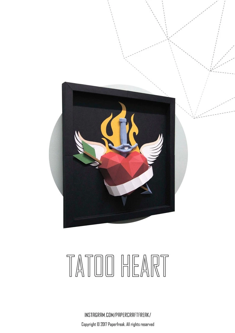 Papercraft 3d OLDSCHOOL TATTOO HEART in frame for Valentine's Day 3D Low Poly Paper Sculpture Decor Tattoo salon pepakura pattern template