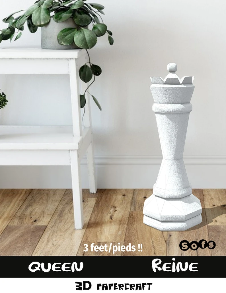 Queen chess piece Papercraft Giant 3 feet tall 3D You get a PDF digital file templates , instruction for this DIY modern paper decoration