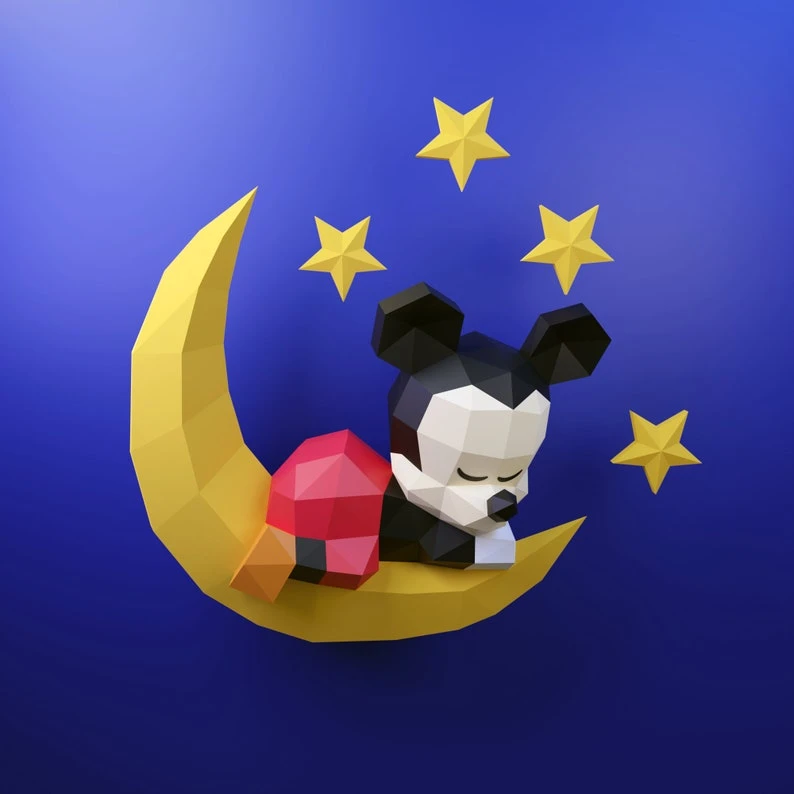 Papercraft Baby Mickey Sleeping template, DIY PDF, FDX, Low Poly, mouse, origami, Pepakura, Paper Model, 3D