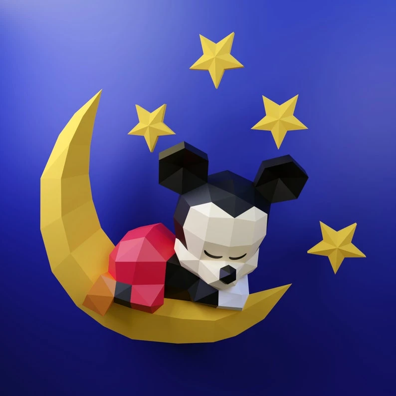 Papercraft Baby Mickey Sleeping template, DIY PDF, FDX, Low Poly, mouse, origami, Pepakura, Paper Model, 3D