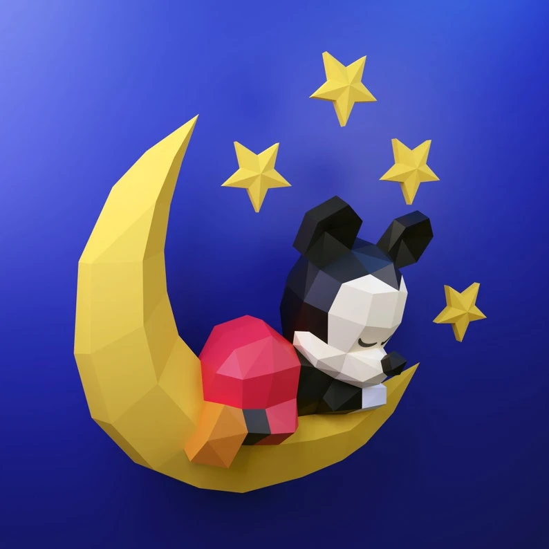 Papercraft Baby Mickey Sleeping template, DIY PDF, FDX, Low Poly, mouse, origami, Pepakura, Paper Model, 3D