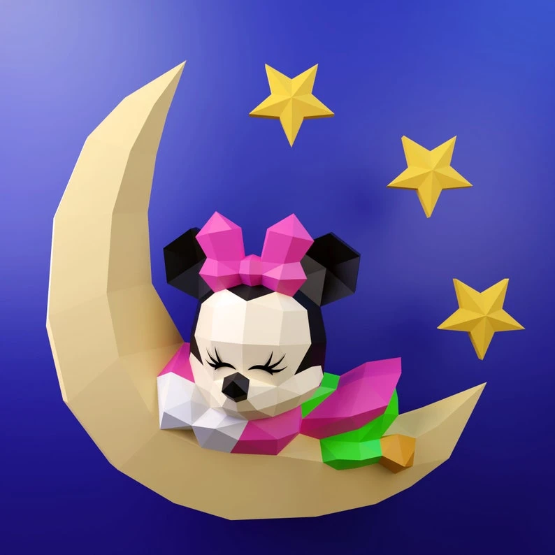 Papercraft Baby Minnie Sleeping template, DIY PDF, FDX, Low Poly, mouse, origami, Pepakura, Paper Model, 3D