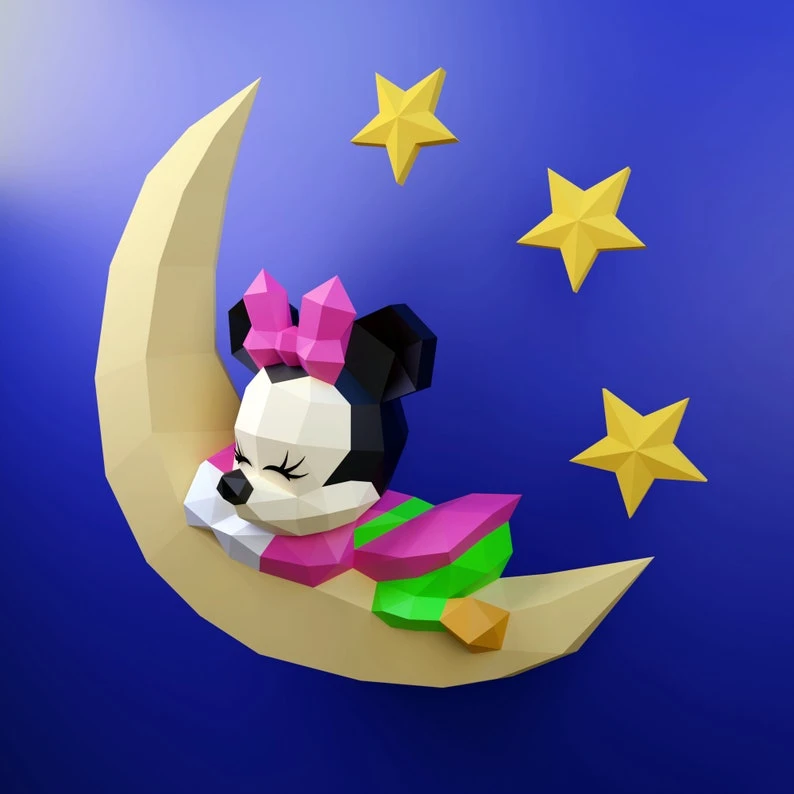 Papercraft Baby Minnie Sleeping template, DIY PDF, FDX, Low Poly, mouse, origami, Pepakura, Paper Model, 3D