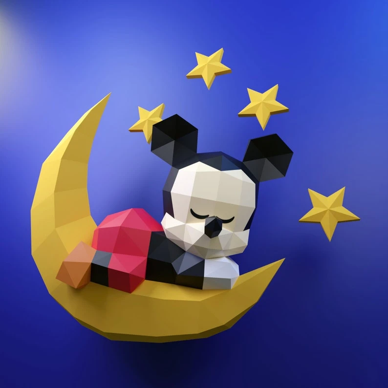 Papercraft Baby Mickey Sleeping template, DIY PDF, FDX, Low Poly, mouse, origami, Pepakura, Paper Model, 3D