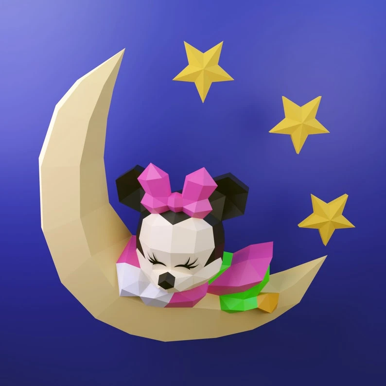 Papercraft Baby Minnie Sleeping template, DIY PDF, FDX, Low Poly, mouse, origami, Pepakura, Paper Model, 3D