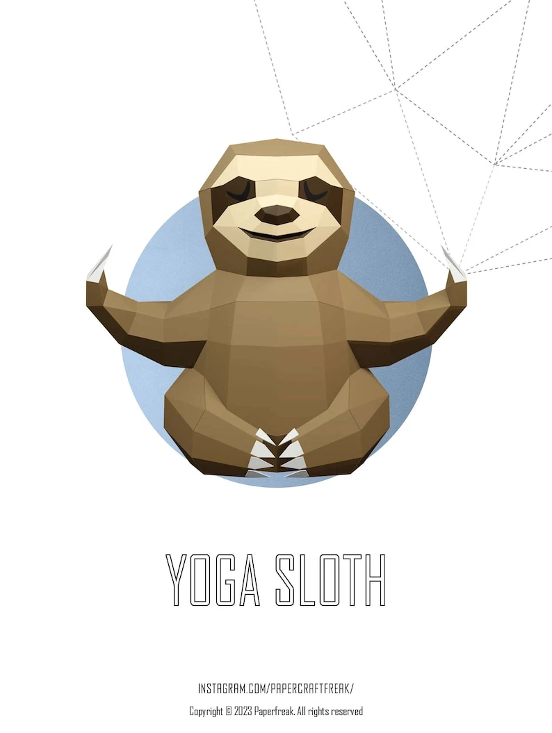 Papercraft 3D YOGA SLOTH vipassanas meditation templates cute animal pepakura low poly paper sculpture DIY for home and office pattern decor