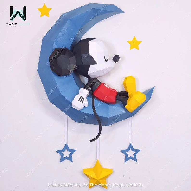 Mickey Sleeping On The Moon Low Poly, Papercraft, PDF template, Paper model, Sculpture, 3D puzzle, Polygonal model, Lowpoly