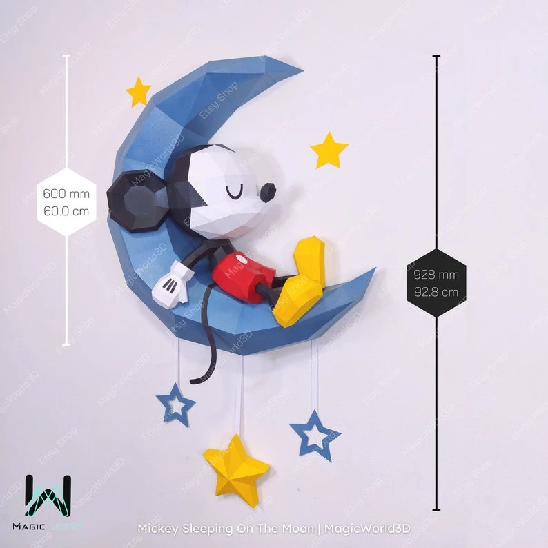 Mickey Sleeping On The Moon Low Poly, Papercraft, PDF template, Paper model, Sculpture, 3D puzzle, Polygonal model, Lowpoly