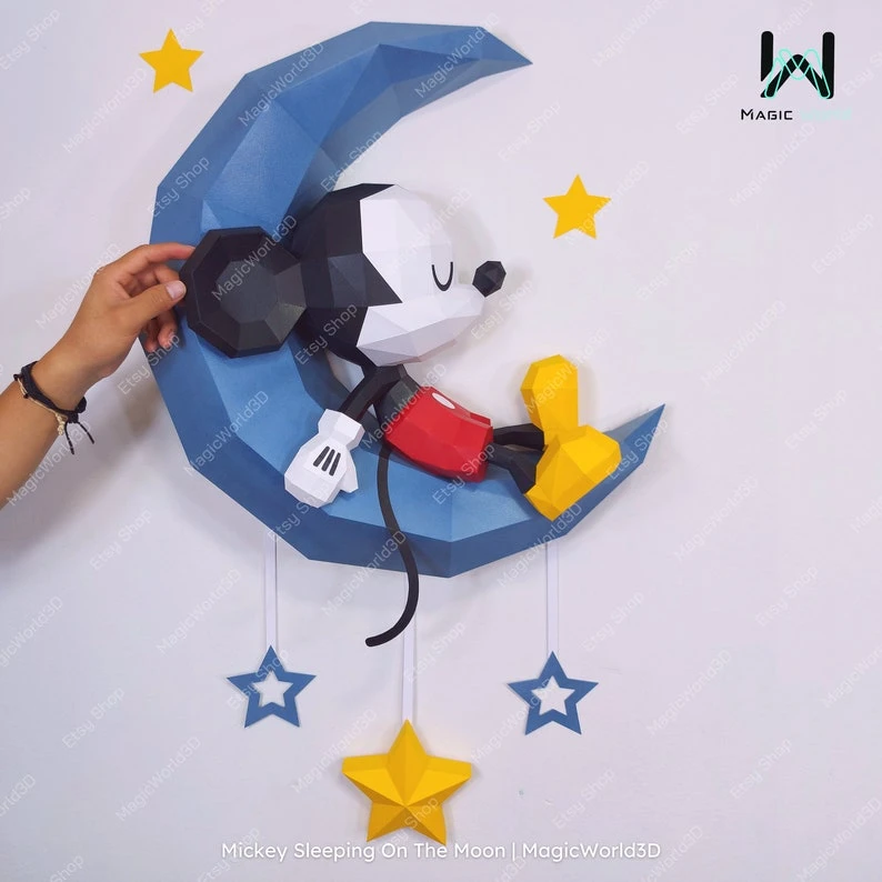 Mickey Sleeping On The Moon Low Poly, Papercraft, PDF template, Paper model, Sculpture, 3D puzzle, Polygonal model, Lowpoly