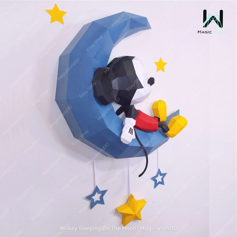 Mickey Sleeping On The Moon Low Poly, Papercraft, PDF template, Paper model, Sculpture, 3D puzzle, Polygonal model, Lowpoly