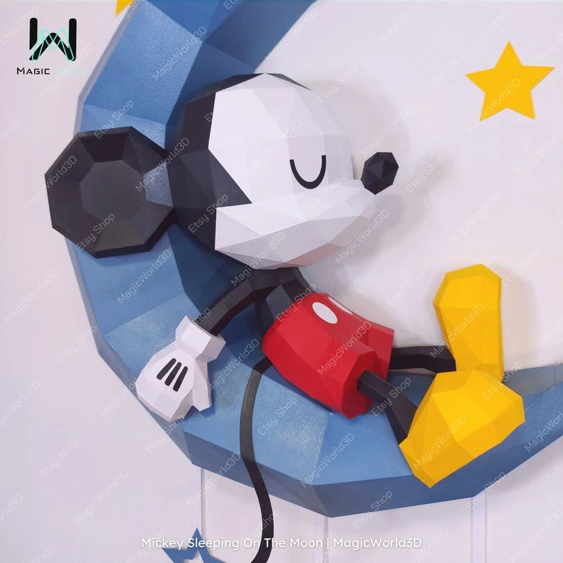 Mickey Sleeping On The Moon Low Poly, Papercraft, PDF template, Paper model, Sculpture, 3D puzzle, Polygonal model, Lowpoly