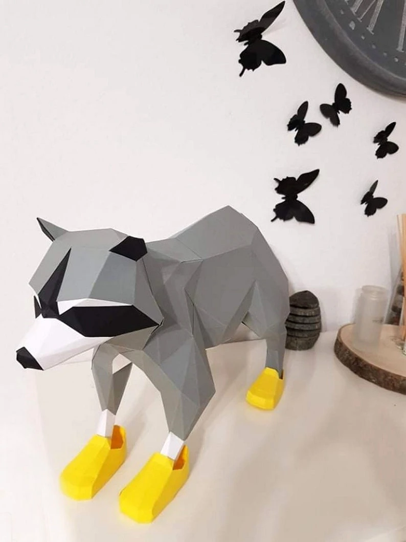 Raccoon on Rainy Day 3d papercraft. You get PDF digital file templates and instructions for these DIY lowpoly paper sculpture.