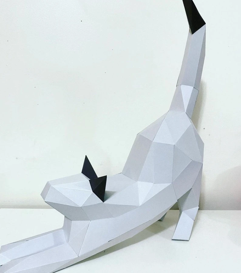 Cat Stretch papercraft. You get a PDF digital file templates and instructions for this DIY (do it yourself) modern paper sculpture.