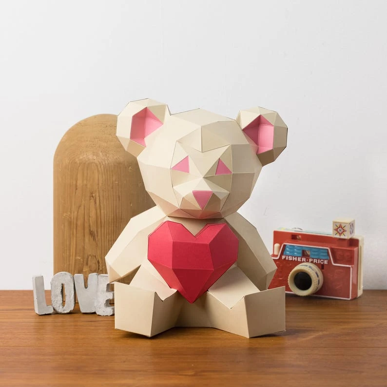 Bear Love teddy bear 3D papercraft. You get a PDF digital file templates and instruction for this DIY modern paper decoration.